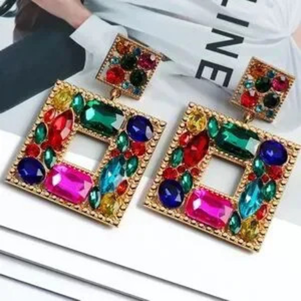 New Multicolor Gemstone rhinestone Square Earrings